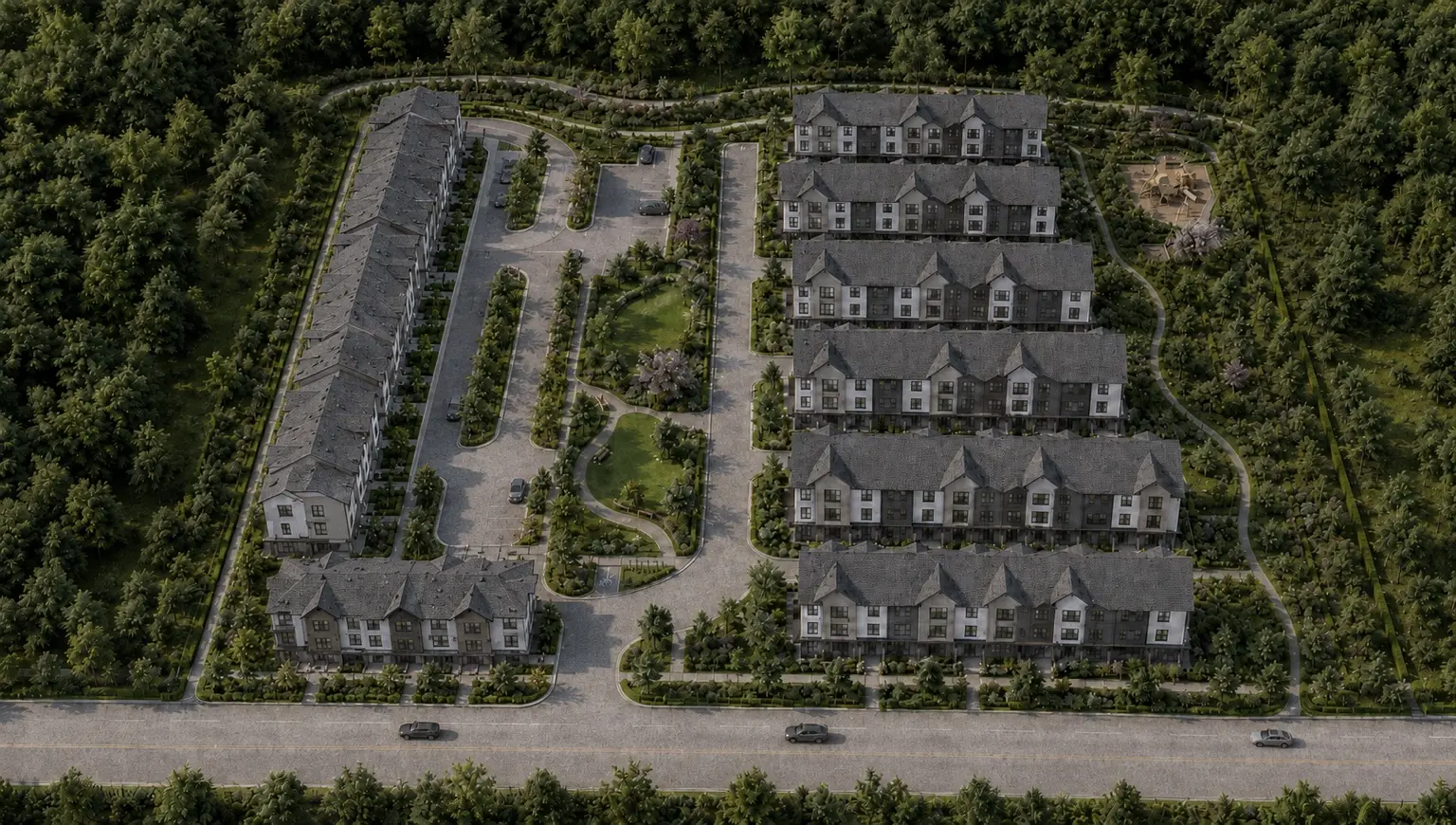 Approved aerial rendering of the Antares townhome community