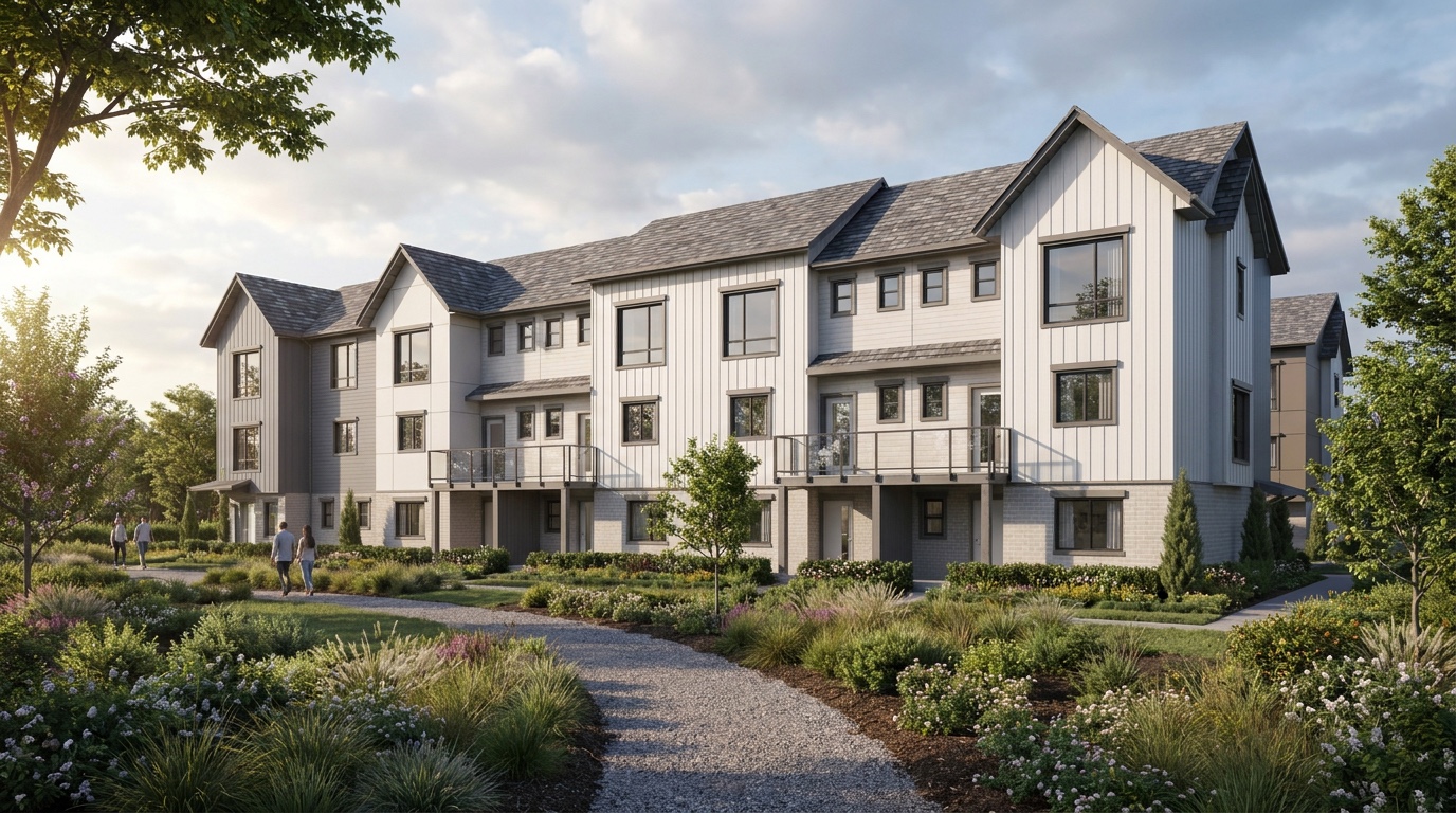 Antares garden-facing townhomes surrounded by landscaped paths