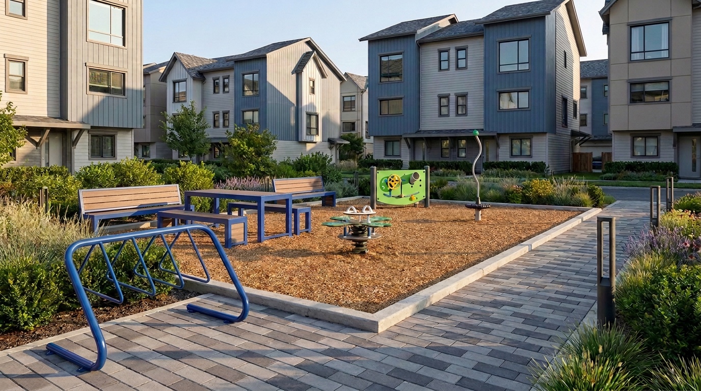 Antares play area with seating and bicycle parking