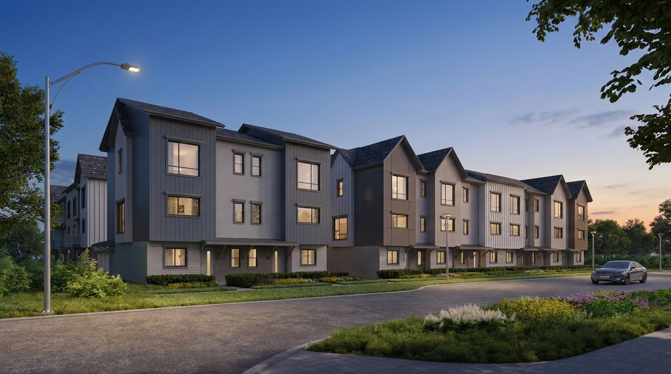 Antares townhome streetscape at twilight
