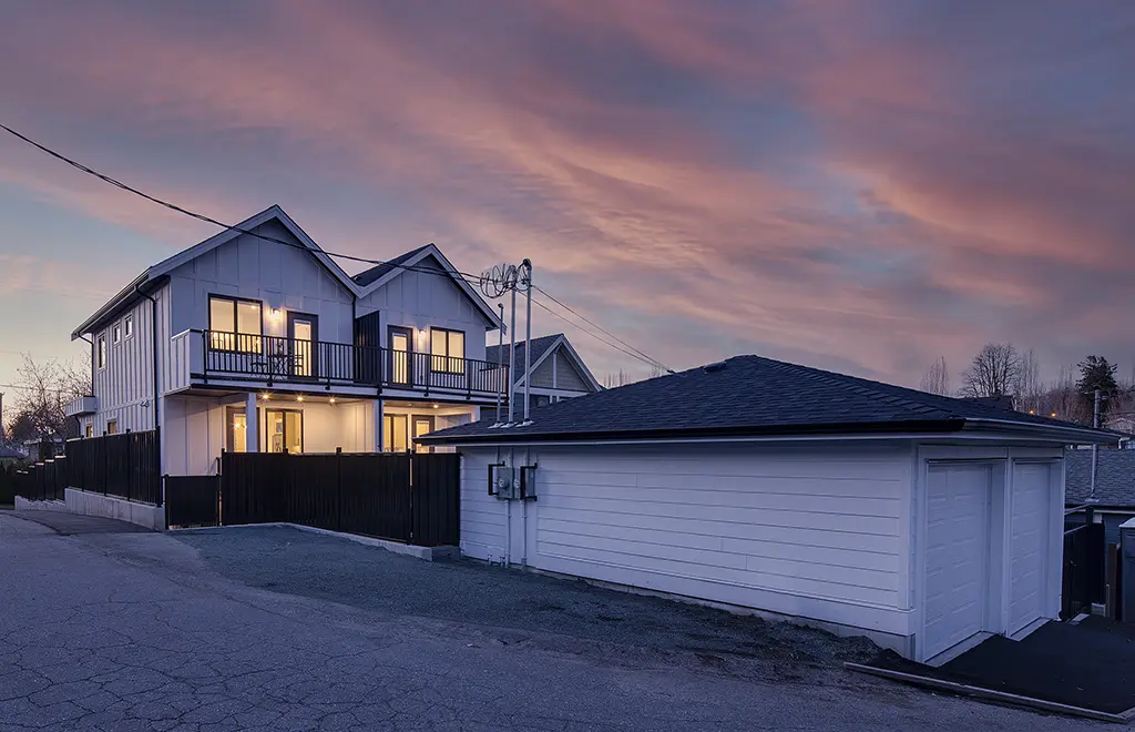 Residence II rear exterior at twilight