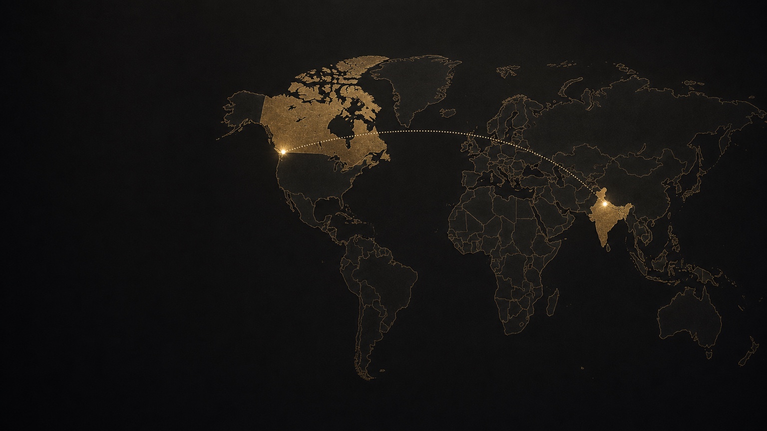 A gold world map connecting Vancouver and New Delhi